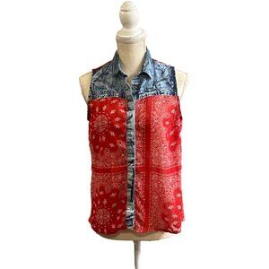 Women's Fashion Web Bandana Style Sleeveless Button Up Shirt. Western. Size L